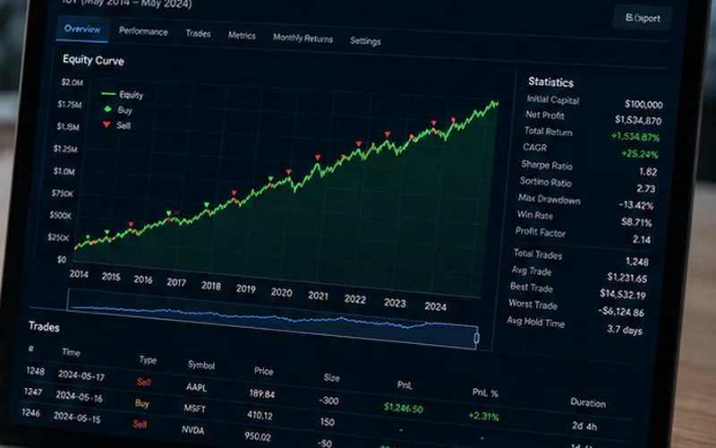 Backtesting results on a laptop screen showing a rising equity curve over ten years of historical market data