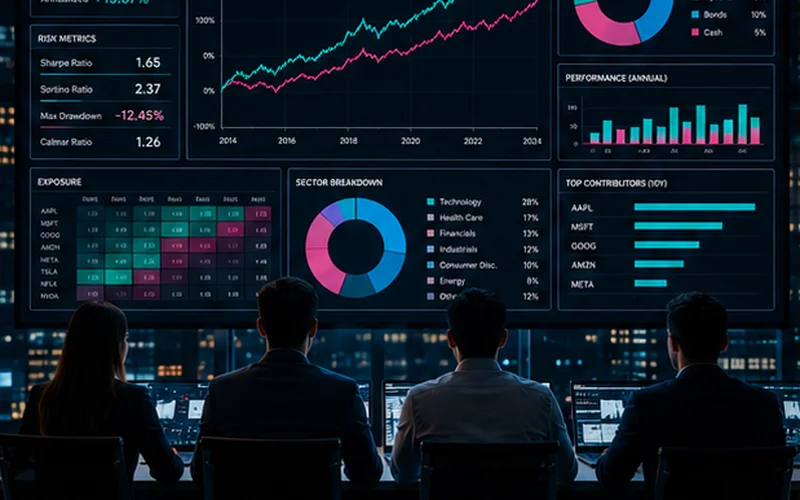 Analyst reviewing a quantitative investing dashboard with price charts, statistics and performance indicators