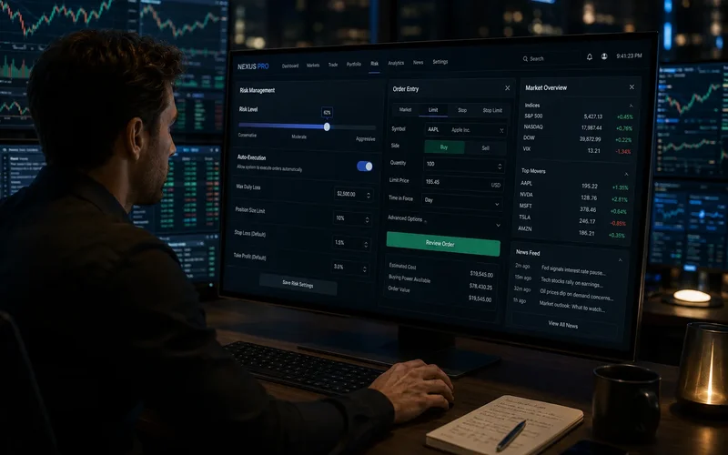 Trader adjusting automated risk and execution controls on the Immediate Bitwave platform with charts in the background