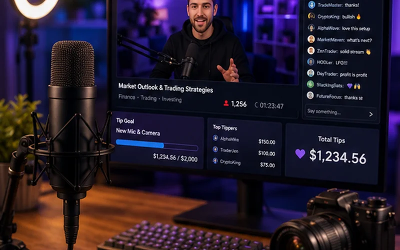 Home streaming studio with camera, microphone and a live broadcast dashboard open on the Bitwave platform